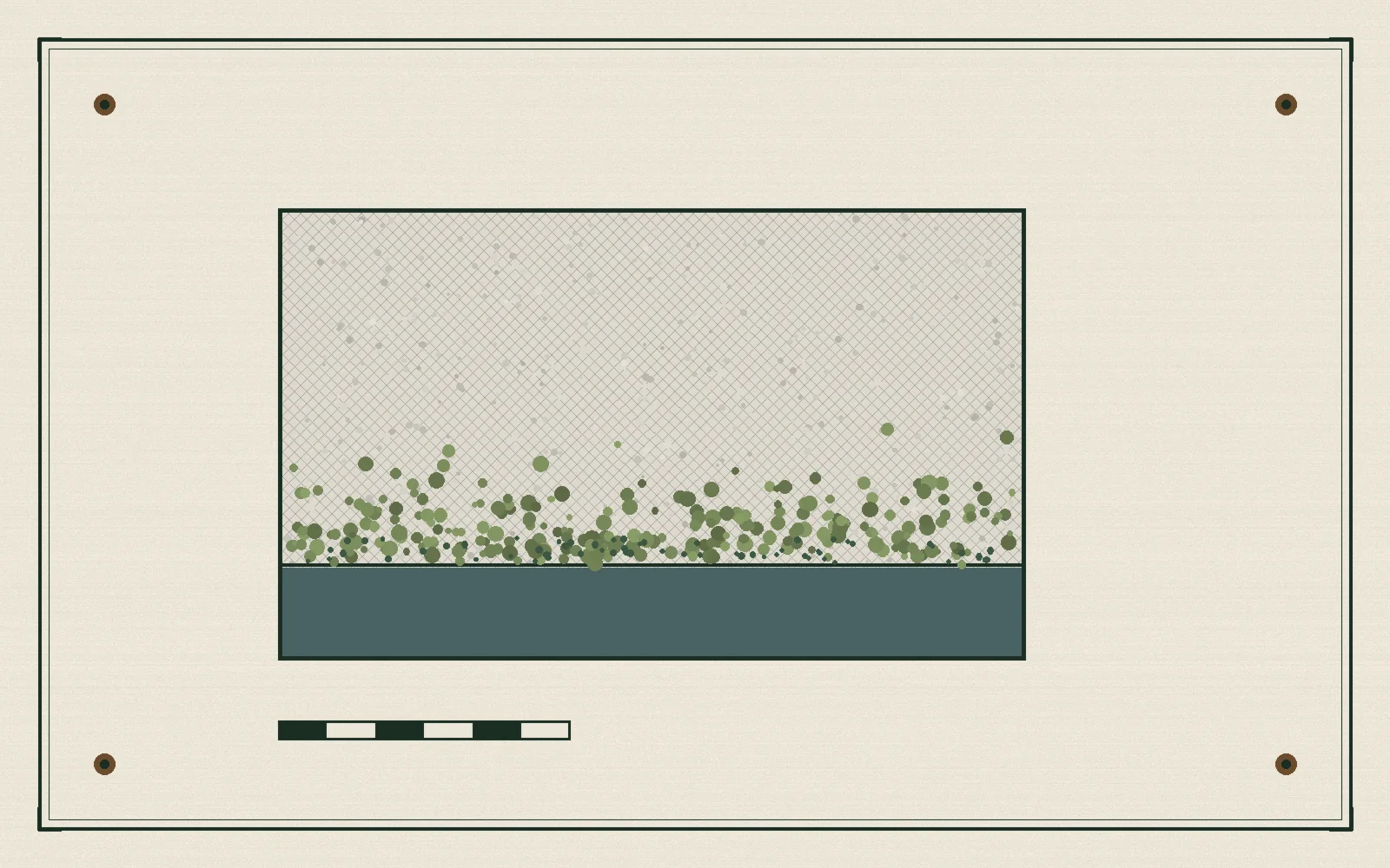 Specimen drawing of moss stippled along the waterline of a crosshatched concrete weir block, with a solid-bar scale bar and pin dots at the frame corners