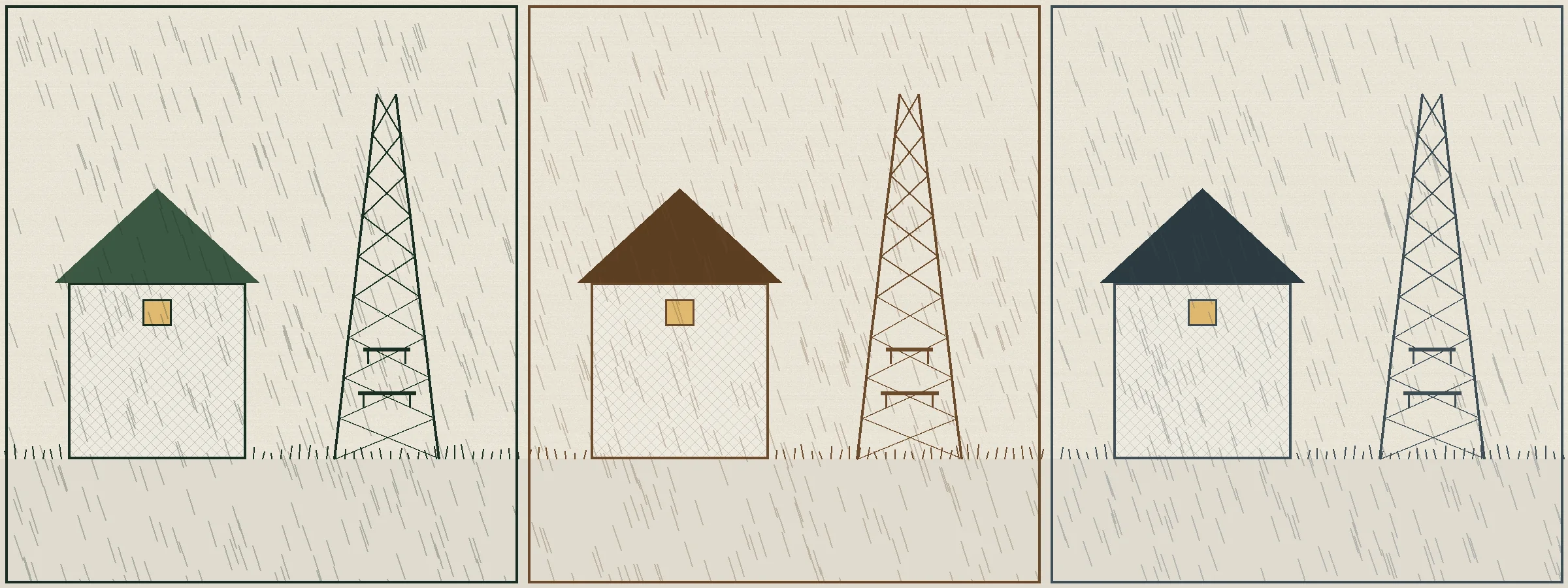 Three-panel drawing of a surveyor's hut and lattice transmission tower in rain, repeated in evergreen, timber, and steel tones