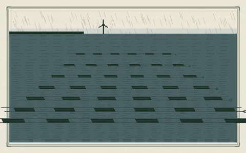 Crosshatched drawing of floating solar panel rows receding in perspective across hatched reservoir water toward a distant dam strip