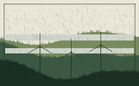 Crosshatched drawing of three forested ridgelines in greens with three wind turbines on the nearest crest and mist bands in the saddles