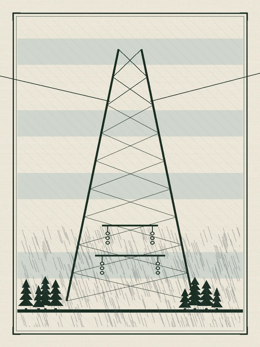 Detailed drawing of a single lattice transmission tower standing in light rain, crosshatched in evergreen and steel tones